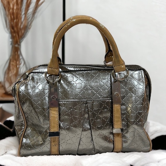 Dana Buchman Handbags - Dana Buchman gray silver satchel bag w/tan patent leather trim & handles